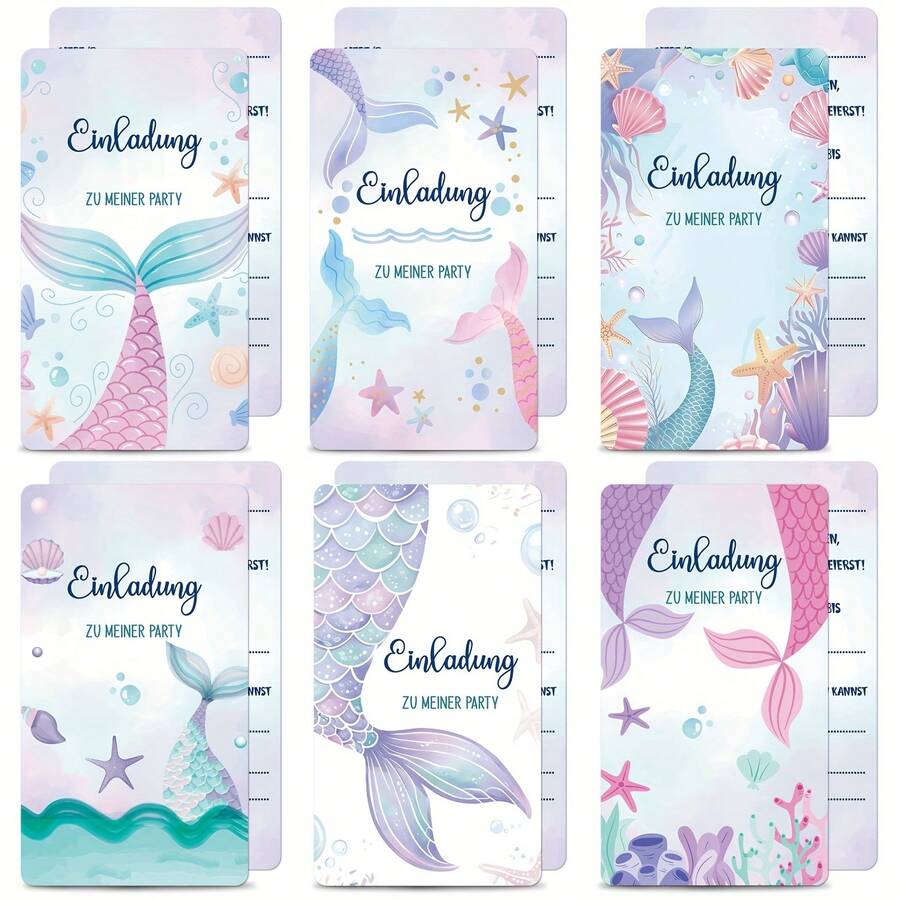 12 pezzi Inviti per feste di compleanno a tema sirena, 6 disegni con motivi a tema sottomarino, decorati con conchiglie e stelle marine, adatti per feste a tema sirena, compleanni e vari eventi celebrativi - Visualizzare 1