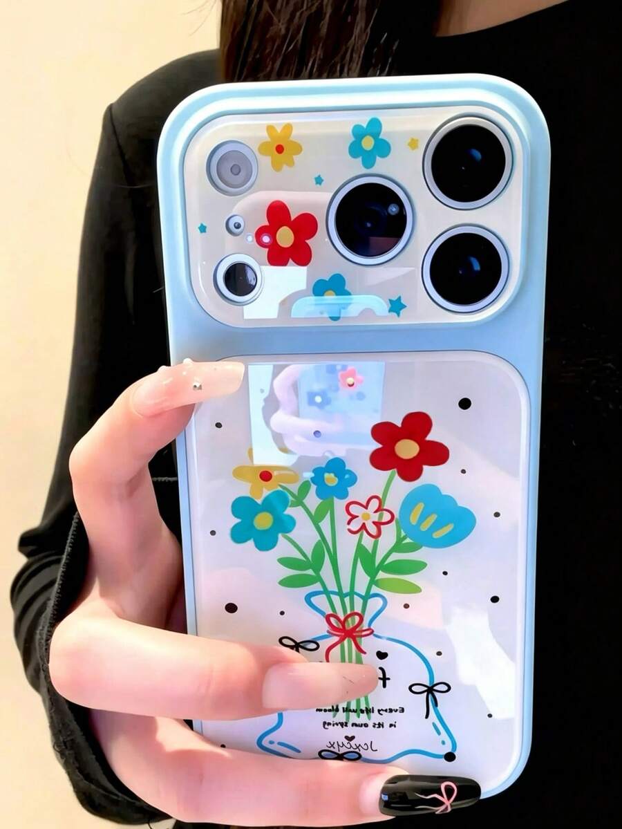 Cute Colorful Dopamine Flower Star Bow Phone Case, Instantly Transform Into 17 Series, Compatible With Iphone 17 Pro Max, 16, 15, 14 Pro Max, Artistic Large Window Shock-Proof Protective Cover - Blue Flowers - View 1