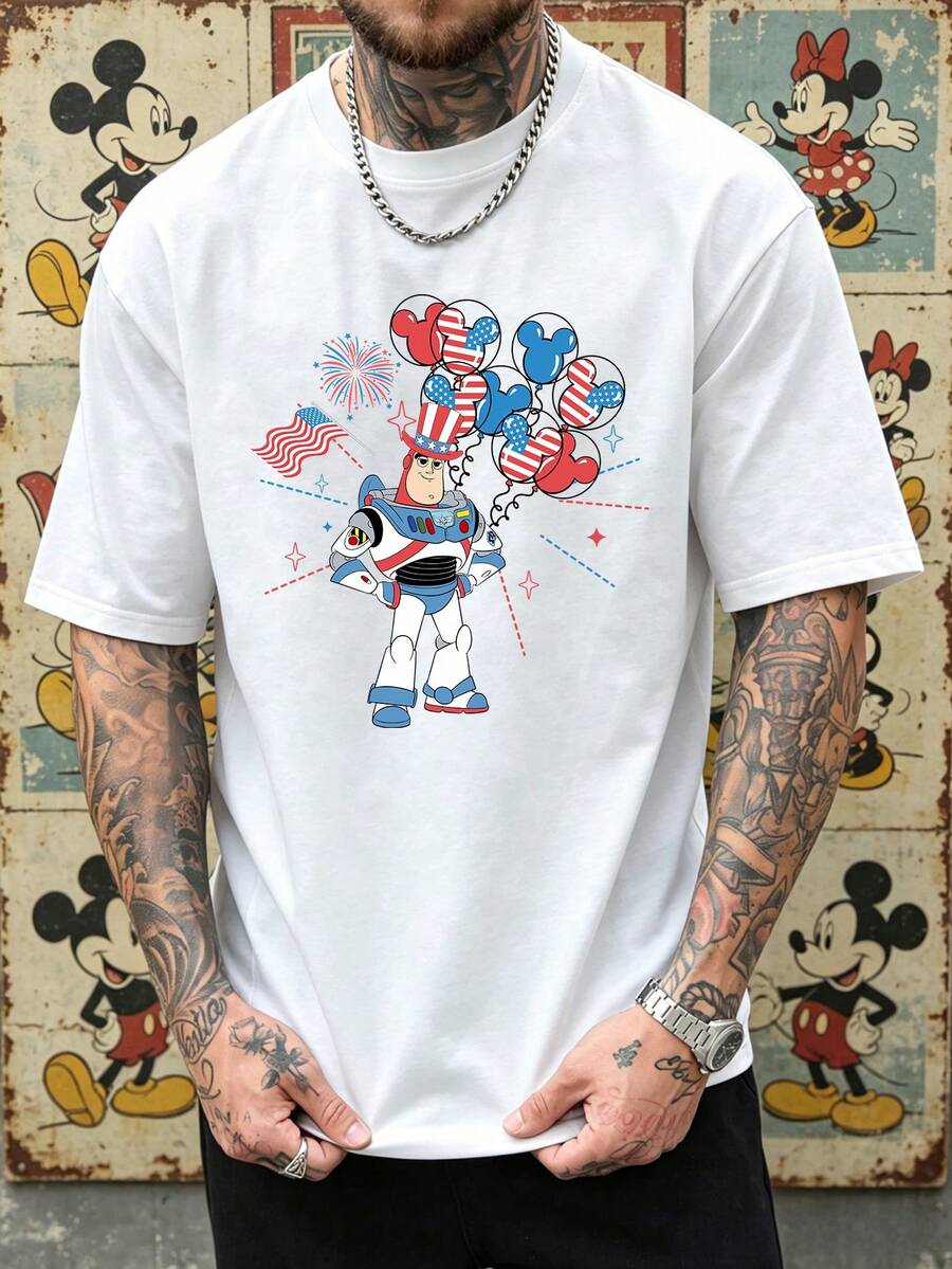 Men's Disney Toy Story Buzz Lightyear Patriotic 4th Of July Graphic Crew Neck T-Shirt, Casual Short Sleeve Tee, Mickey Balloon & Fireworks Print, Loose Fit Daily Wear Basic Top For Men - 白色 - 查看 1
