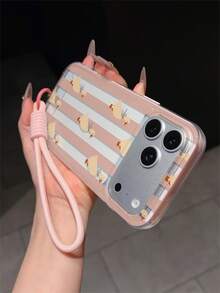 1pc Minimalist Transparent Back Pink Frame 2-In-1 Dopamine Shock-Proof Anti-Fall TPU Phone Case With UV Colorful Stripe Elements Pink Stripe & Duck Pattern + 1pc Pink Phone Lanyard - Multicolor - View 4