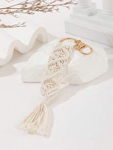 1pc Handmade Women's Bohemian Style Crochet Key Chain With Woven Rope Bag Pendant, Gift For Mom School Car Accessories Cute Goth Y2k Gifts For Mother, Father, Graduation, And Teacher - Beige - View 4