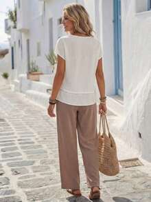 Women's Summer Shirt And Wide-Leg Pants 2 Pieces Set Boho Pants For Women Earthy Clothes Women Summer Pants Sets For Women Women Vacation Outfit Sets Women Casual Outfits Women's Summer Outfits Women Spring Outfit Casual Summer Outfits Women Boho Outfit For Women - Màu Khaki - Xem 2
