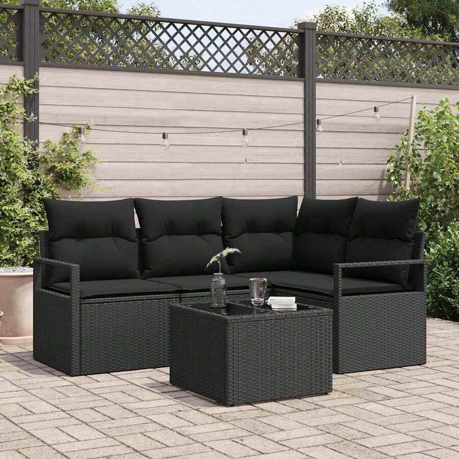 vidaXL Sofa Set mit Kissen mit Speicher 5 pcs Schwarz Poly-Rattan - A - Übersicht 1