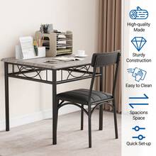 Space-Saving 3-Piece Dining Table Set For 2 – Square Metal & Wood Kitchen Table, 2 Upholstered Chairs, Compact Dining Room Furniture For Small Apartments – Rustic Brown Or Gray - Grey - View 3