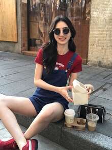 女士休闲宽松纯色牛仔连体裤，适合夏季穿着 - 藏蓝色 - 查看 2