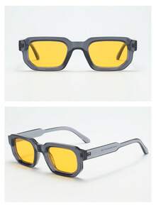 1pc Men's Retro Casual Square Small Frame High-Quality PC Material Personalized Fashion Glasses, Suitable For Travel, Leisure, Gathering, Beach, Daily Decoration - Gray Frame Yellow Film - View 4