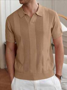 Men's Casual Summer Polo Top With Stripes And Patchwork Knit, Men's Summer Polo Top, Solid Color Short Sleeve Knit Sweater For Men, Summer Fashion - 鏽棕色 - 查看 4