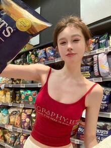 女士性感字母印花加垫吊带背心 - 紅色 - 查看 4