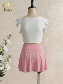 White Bow Front Ruffle Top & Pink Mini Skirt Two-Piece Set, Casual V Neck Summer Beach Loungewear Outfit - Nhiều màu - Xem 5