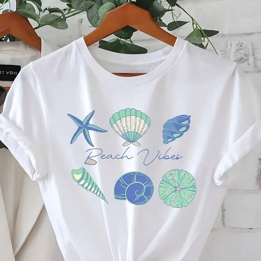 Beach Vibes Seashell Graphic T-Shirt - Coastal Ocean Life Summer Aesthetic Tee - 綠色 - 查看 1