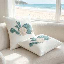1pc Coral & Shell Decorative Throw Pillow Cover 45x45cm, Canvas Sofa Cushion Cover Suitable For Living Room, Bedroom, Balcony, Patio, Summer Coastal Decor Pillow Sham (Inner Pillow Not Included) - Light Blue - View 5