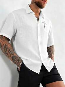 Camisa de manga corta con botones y estampado de letras en mezcla de lino blanco para hombres GloMan, transpirable para verano, uso diario, vacaciones, atuendo de oficina, diario, esposo/novio - Blanco - Ver 1