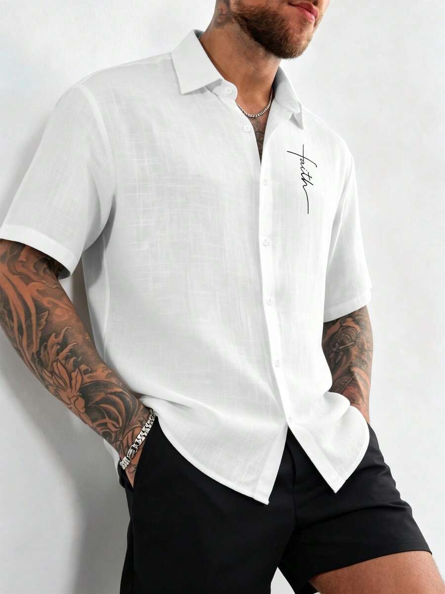 Camisa de manga corta con botones y estampado de letras en mezcla de lino blanco para hombres GloMan, transpirable para verano, uso diario, vacaciones, atuendo de oficina, diario, esposo/novio - Blanco - Ver 1