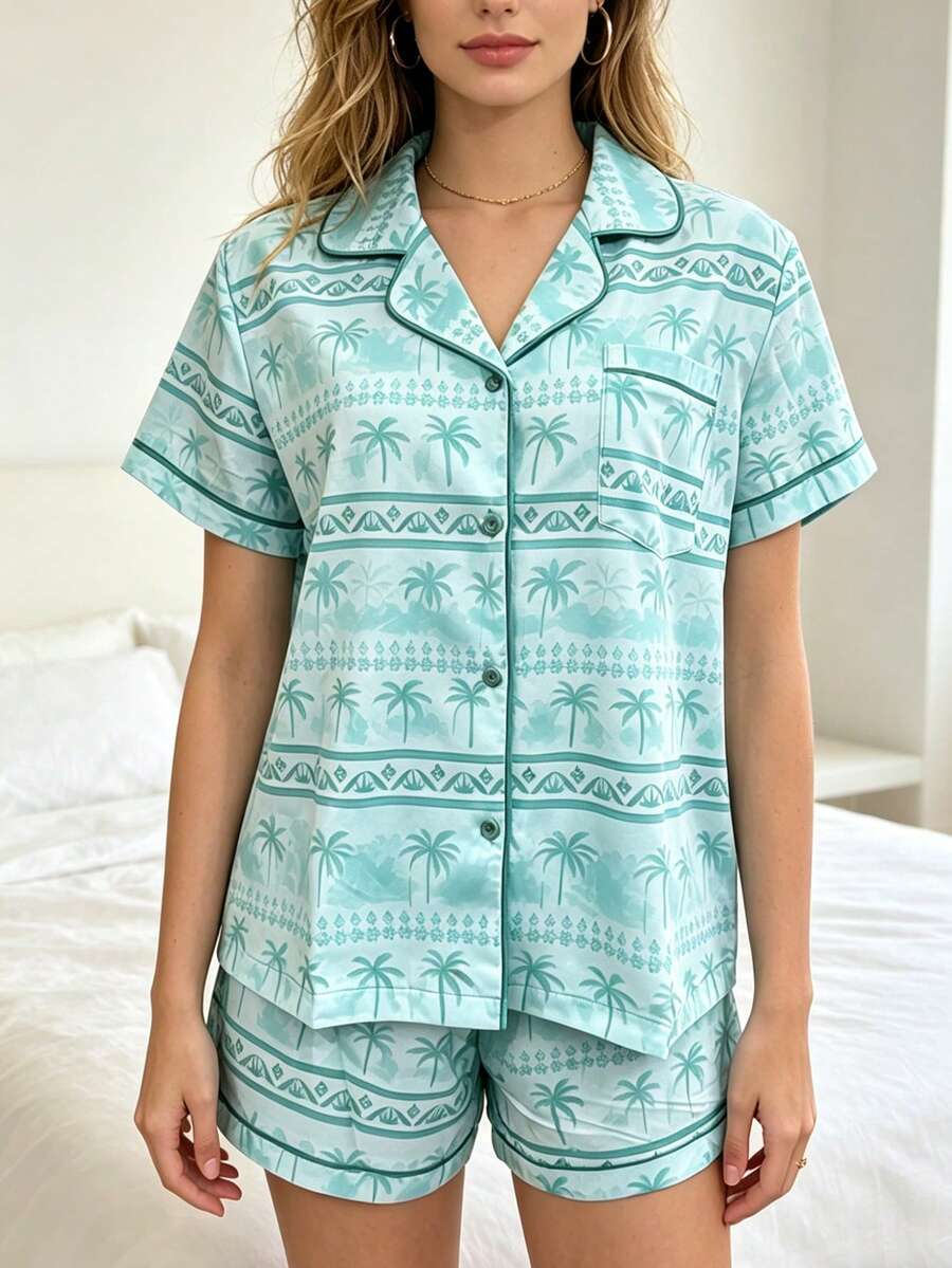 Pajamas For Women Set 2 Piece Soft Button Up Pjs Short Sleeve Summer Lounge Sets - Blue - View 1