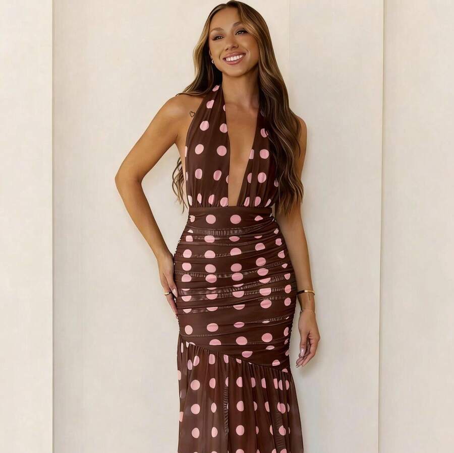 Women's Sexy Elegant Halter Sleeveless Polka Dot Bodycon Midi Dress - 深棕色 - 查看 1