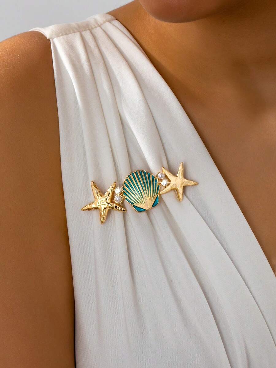 1件海洋主题度假风贝壳海星胸针，女士日常休闲佩戴 - 金黃色 - 查看 1