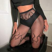 1pc Women Plus Size Sexy Fishnet Stockings, Flame Pattern Knitted High Stretch Tight Pantyhose/Tights For Dress, For Christmas Gift - Black - 查看 5