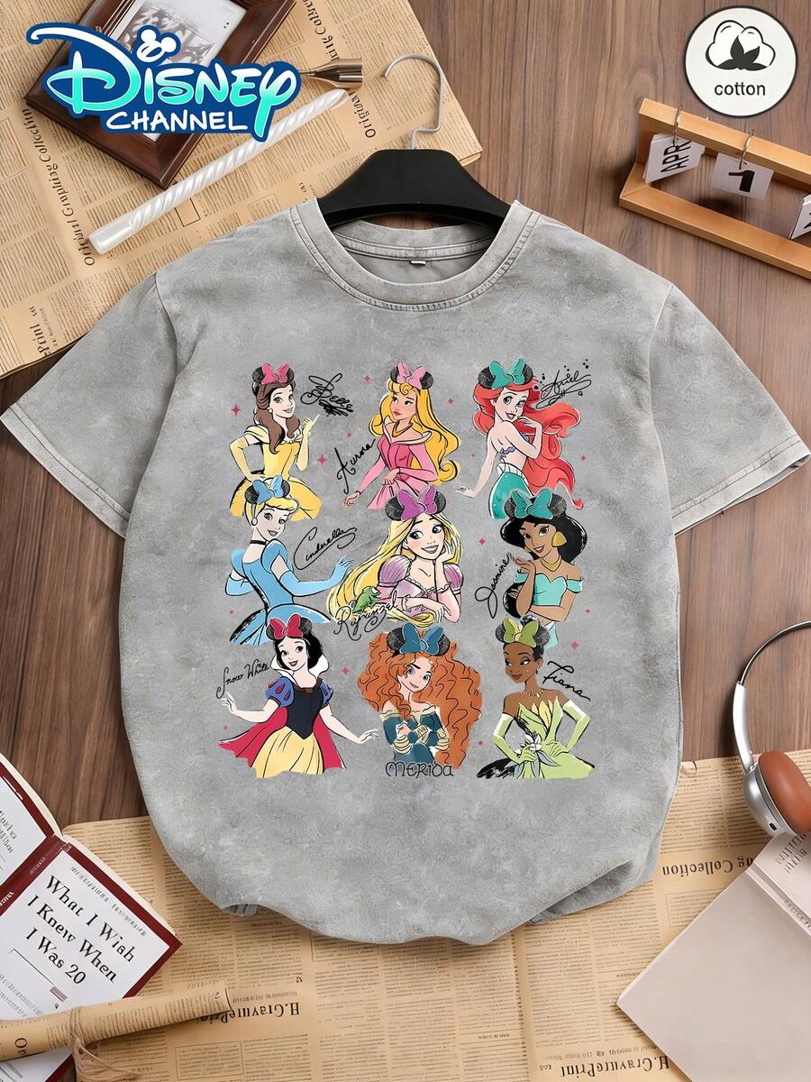 Disney Official Authorization | 100% Washed Cotton Vintage Short-Sleeve T-Shirt. Printed With Patterns Of Belle, Aurora, Ariel, Cinderella, Rapunzel, Jasmine, Snow White, Merida And Tiana. Designed With A Unisex Loose Fit, It Is Suitable For Disney Fans Of All Ages And An Ideal Choice For Vacations, Outings And Daily Casual Wear. - 灰色 - 查看 1