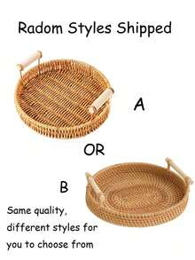1pc Woven Storage Basket With Handle, Oval Decorative Tray For Kitchen And Dining Room, Vintage Bohemian Fruit Plate (2 Styles Randomly Shipped) - Mocha Brown-with Handle - View 11