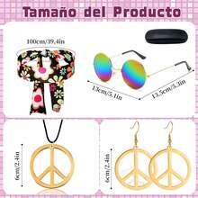 Disfraz Hippie de Los Años 60 y 70, 6 Piezas Conjunto de Hippie para Mujer, Traje Discoteca, con Diadema, Collar, Aretes y Gafas de Sol, Disfraz para Halloween - Floral - Ver 6