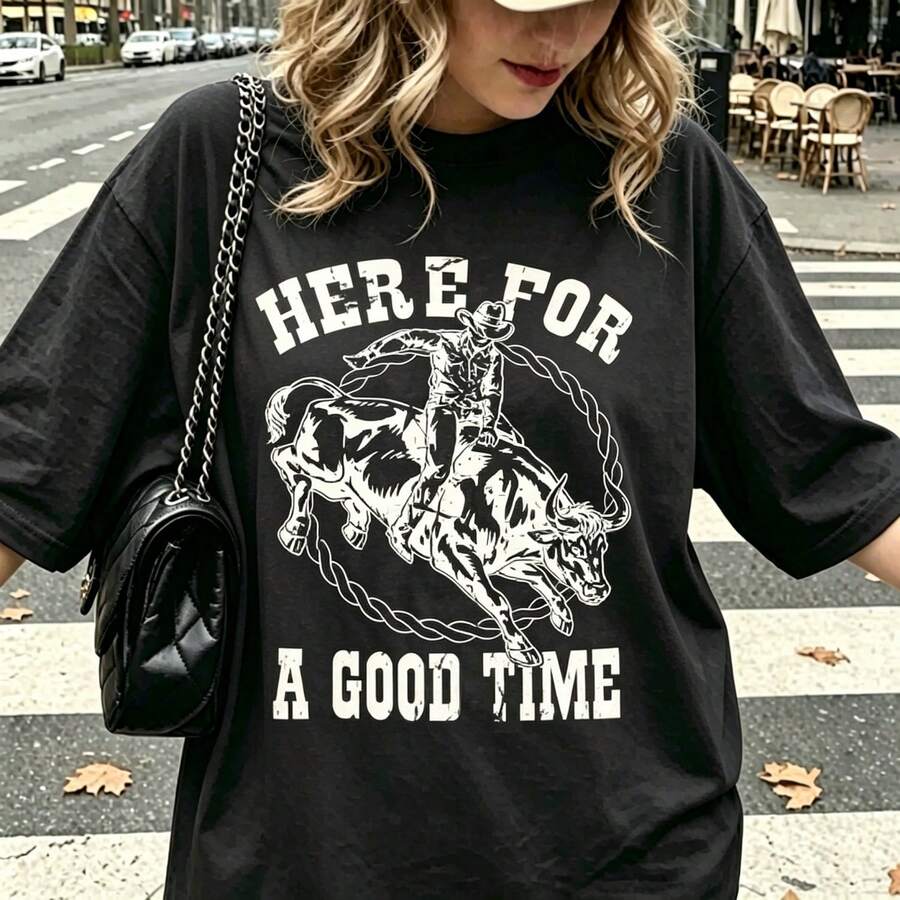 Camiseta retro estilo western, camiseta vaquera, camiseta unisex de cuello redondo, música country, chica divertida, camiseta de rodeo, vintage, retro, camiseta divertida - Negro - Ver 1