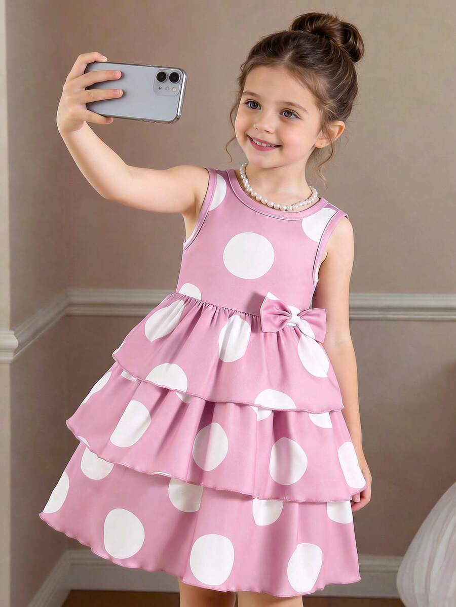 Toddler Girls' Casual Outdoor Dopamine Cute Bow Tie Polka Dot Pattern Round Neck Pink Princess Cake Dress, Suitable For Summer Parties And Events, Elegant European Style Summer Dress, Girls' Graduation Dress, Birthday Gift