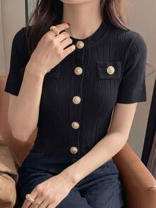 優雅年輕女性黑色條紋紋理短袖立領短版羊毛開襟衫，女士休閒性感辣妹上衣夏季款 - 黑色 - 查看 4