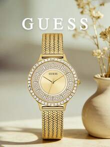 Women's Luxurious Gold Fish Bone Patterned Mesh Strap Watch, Inlaid Crystal Dial And Rectangular Crystal Bezel, Elegant Luxury Office And Casual Daily Wear Wristwatch - Gold - View 6