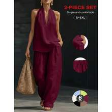 2026 Sexy Halter Backless Two Piece Set, V-Neck Top & High Waist Wide Leg Pants, Summer Boho Beach, Long Sleeve, Loose-Fit - 酒紅色 - 查看 16