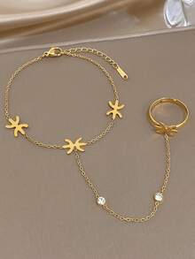 1pc Gold-Plated Elegant Geometric Multi-Color Zirconia Chain Bracelet With Ring Finger Chain, Suitable For Women, Party, Daily, Christmas, Valentine's Day/Wedding - Multicolor - View 7