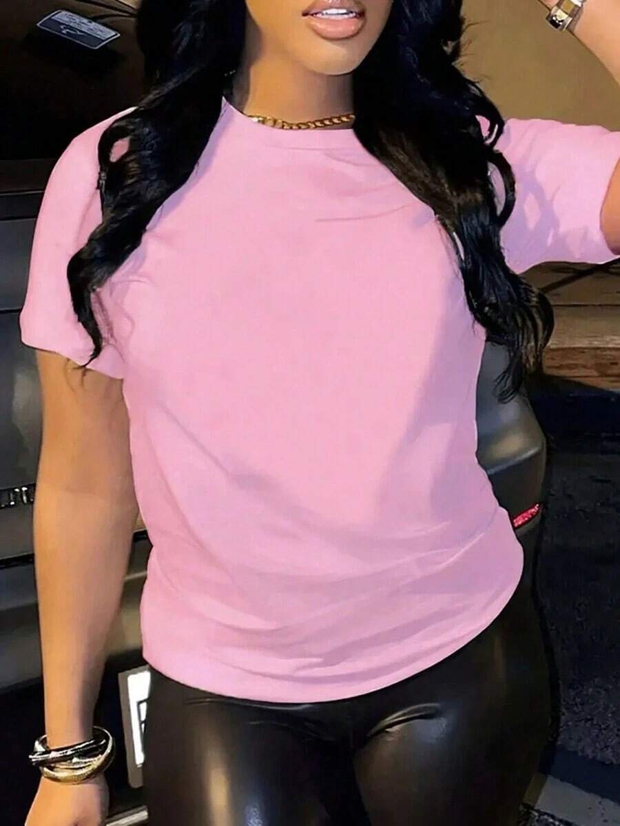 Women's Solid Color Crew Neck Short Sleeve T-Shirt - Rose - View 1