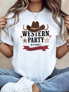 Women's Spring/Summer T-Shirt With Cowboy Hat And Horseshoe Print, Western Theme Party Style, For Outdoor Camping, Unique Short Sleeve Urban Clothing, Everyday Top, 100% Cotton - 白色 - 查看 1
