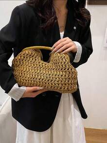Dedoo 2026新款編織手拿包，手工編織拉菲草夏季沙灘包，純色紋理圖案，大容量，適合女性旅行，草編包 - 杏色 - 查看 9