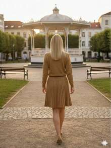 Schoolgirl Pleated Skirt And Long Sleeve Mousse Blouse Set In Tricot - 駝色 - 查看 2