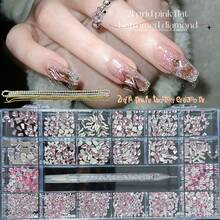 KIRAME 21-Grid DIY Nail Art K9 Glass Pink Flat-Back Rhinestones Kit - 30PCS Each High-Shine Rhinestones With1 Drilling Pen And 2pcs Nail Chains,Manicure Gems ,Nails Salon ,Nails At Home,Nail Suppliers, Nail Charms,Nail Stuff,Christmas, New Year,Valentine Day Nails,Mothers Day,Festival Gifts,Suitable For Crafts, Apparel, Fabrics, Footwear, Glassware, Jewelry Making - Multi-Size Sparkling Decor - 粉色 - 查看 5