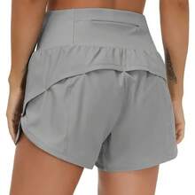 Women's Running Shorts, Two-Piece With Zippered Pockets, High Waisted Yoga Quick Drying Pants - 灰色 - 查看 4