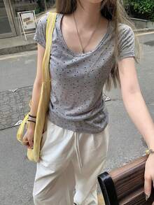 复古波点短袖T恤，修身露脐上衣，女士设计，领口修身，夏季款 - 灰色 - 查看 4
