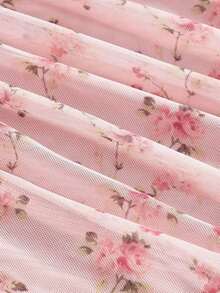 Vestido corto ajustado para mujer, color rosa pastel con estampado floral de rosas, tirantes finos y escote cuadrado, diseño con pliegues y tul texturizado, estilo romántico y favorecedor, ideal para primavera-verano, citas, fiestas y salidas informales - Rosa - Ver 4