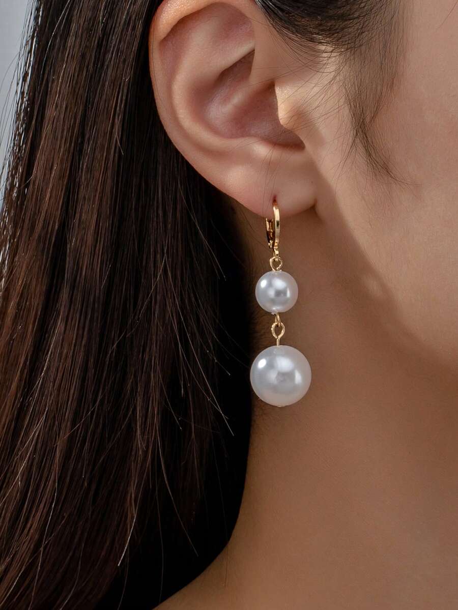 1对简约百搭精致设计仿珍珠耳环，适合女性日常佩戴 - 金黃色 - 查看 1