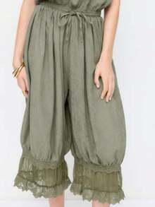 Sleeveless Jumpsuit For Women V Neck Adjustable Spaghetti Strap Lace Patchwork Romper With Wide Leg - Army Green - View 6