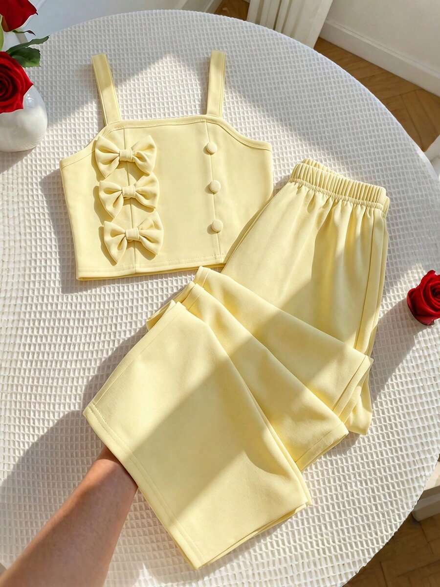 女童休闲蝴蝶结吊带连体裤,黄色露脐吊带上衣+阔腿松紧腰裤,简约日常穿搭 - 黃色 - 查看 1