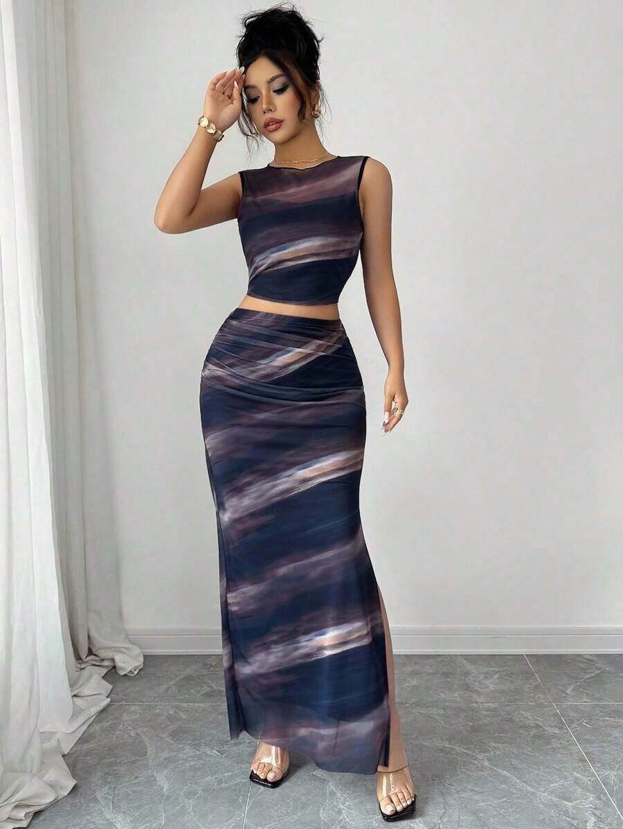 Raffinéa Vestido ajustado de mujer con abertura, de malla con efecto tie-dye degradado sin mangas, conjunto de 2 piezas - Azul - Ver 1