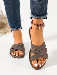 Ximi Ruo Korean Style Casual Flat Slide Sandals, Open Toe, Woven Roman Style, Suitable For Spring, Summer, Beach, Vacation, Dresses, Apartment, Brown Color - Grey - View 5