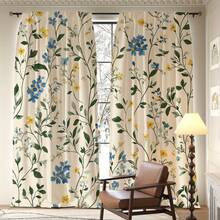 2D Flat, 2D Flat Printing 2pcs Elegant Floral Blackout Curtains With Rod Eyelets- Blue And Yellow Flowers And Green Plants Design, Semi-Transparent Polyester Suitable For Bedroom, Living Room, Office Decoration, Living Room Curtains - 彩色 - 查看 2