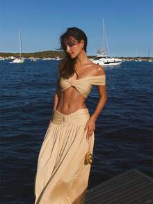 Twist Front Off-Shoulder Two-Piece Set, Ruched Crop Top With Flowy Maxi Skirt, Chic Style For Summer Outings, Sunset Parties And Coastal Getaways - 土豪金 - 查看 8