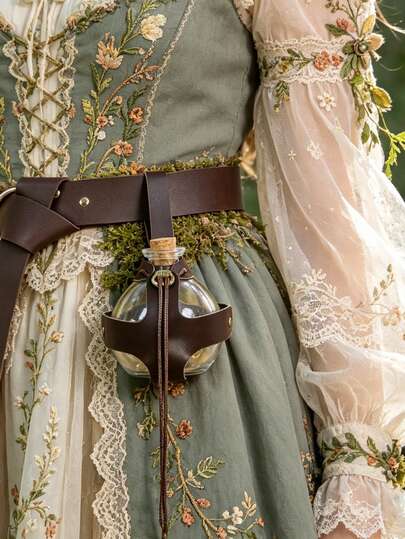 蒸汽朋克风格玻璃药水瓶，配PU皮革包装、束口手提袋，可重复灌装，适用于角色扮演、LARP、中世纪主题活动