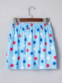 Acelitt Independence Day Women's Elegant Sky Blue American Flag & Star Print Beaded Drawstring High Waist Mini Skirt, Summer - Blue - View 4