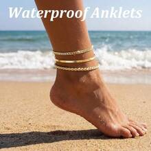 Waterproof Ankle Bracelets For Women, 14k Gold Plated Hypoallergenic Layered Stackable Herringbone Cuban Link Chain, Adjustable Beach Anklets Bracelets For Women Gift 3pc Sets - 3pc Gold03 - View 2