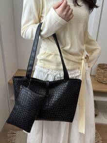 2026 New Arrival European And American Woven Pattern Large Capacity Tote Bag, Women's Commuter Versatile Shoulder Handbag, Fashion Minimalist Top Handle Bag - Black - View 2
