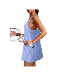 Women Athletic Dress Summer Tennis Workout Active Sports Mini Romper Dress Built In Shorts Travel Vacation Clothes - 淺藍色 - 查看 3